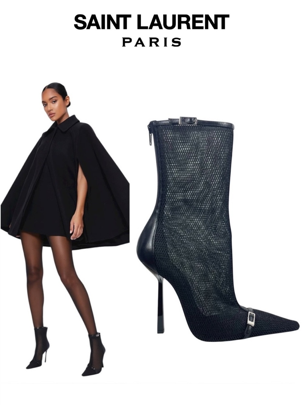 Yves Saint Laurent Black Mesh Pointed Toe Stiletto Ankle Boots